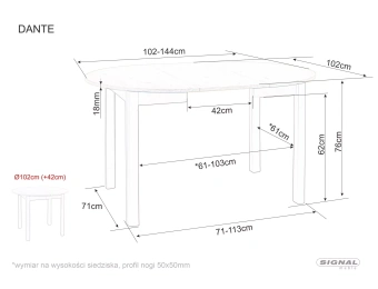 Стол обеденный Signal DANTE дуб артизан/черный 102х102/142